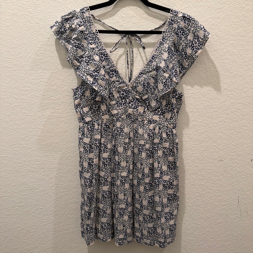 Anthropologie Blue White Floral Ruffle Mini Dress XS Flutter Sleeve Tassel Tie